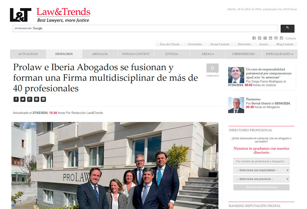 Prolaw e Iberia Abogados se fusionan y forman una Firma multidisciplinar de más de 40 profesionales